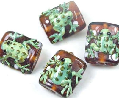 4 Lampwork Handmade Glass Frog Topaz Polka dot rectangle 23x18mm