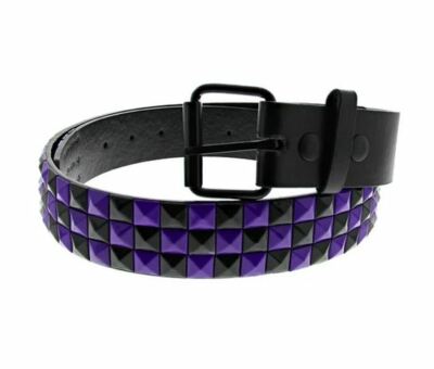 Unisex 3 Row Pyramid Studded Belt Black and Purple Check