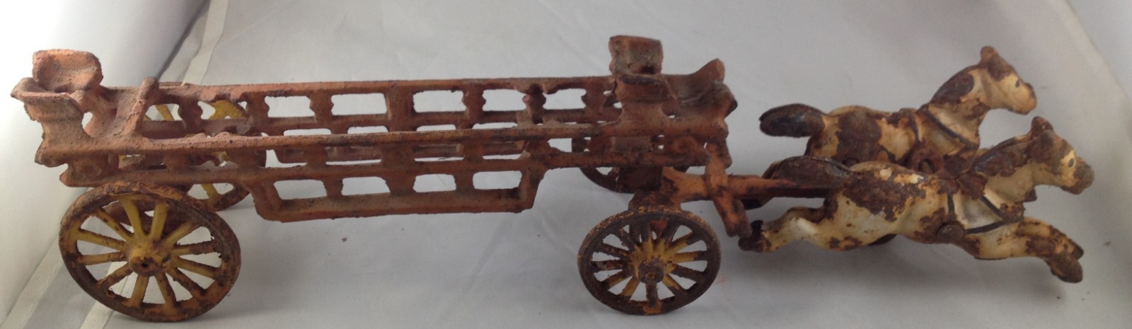 Vintage Cast Iron Horse Drawn Firetruck Toy Wagon Fire Engine Ladder Truck