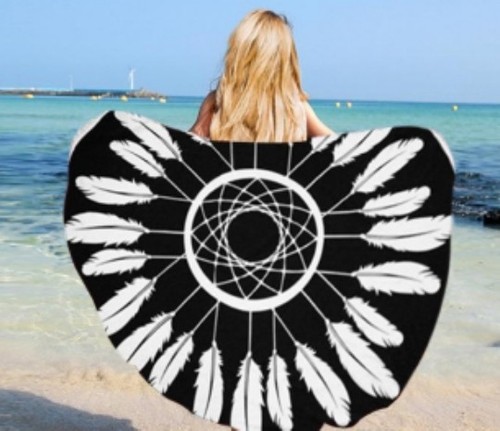 Large Round Microfiber Beach Towel Blanket Tassels Pink & Blue Feather Print