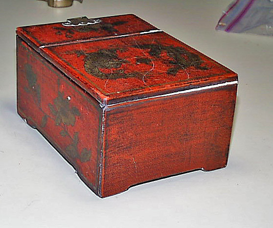 Unusual Japanese Red Lacquer Gold Painted Dragons Jewelry Box Mirror & Drawer
