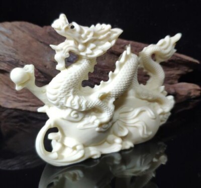 Dragon Statue Figurine Tagua Nut Hand Carved Reiki Healing Feng Shui Ivory