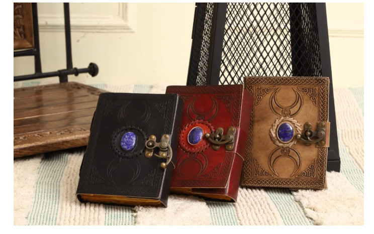 Handgefertigtes Vintage-Leder-Tagebuch Mit Halbedelsteinen Mond-Design 200 Neu