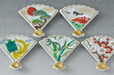 Kyo Kiyomizu yaki ware Chopstick rest Hashioki 5pcs Auspicious fan map