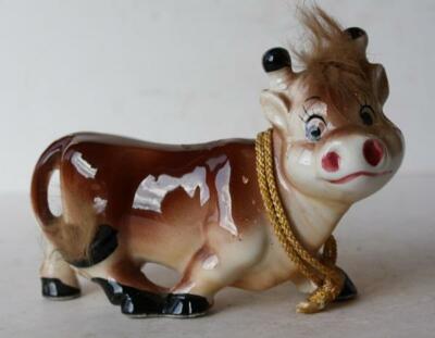 Cow Figurine Cartoon Comic Style Faux Hair Ceramic Porcelain Hand Painted VTG --