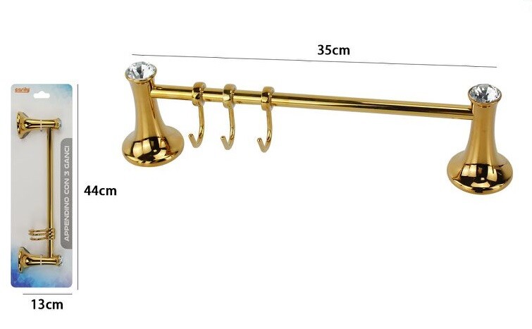Porta Asciugamani 3 Ganci Appendini Fissaggio a Parete Bagno Dorato Crystal dfh