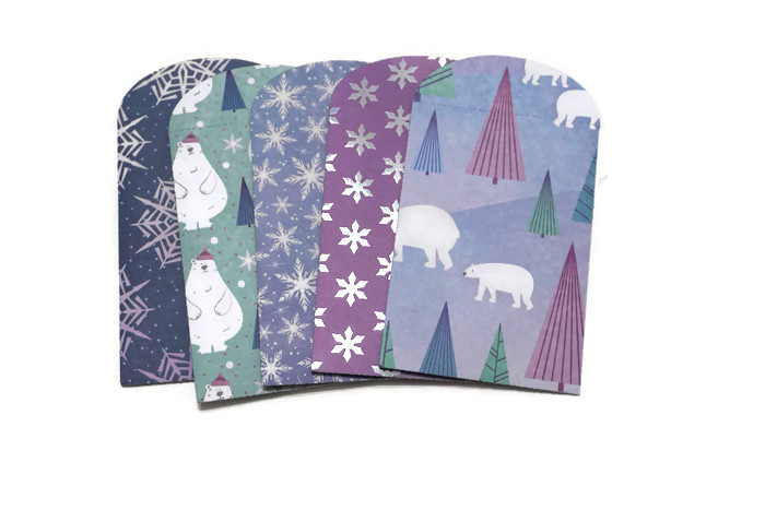 Set of 5 Gift Card Holders / Mini Christmas Envelopes / polar bears & snowflakes