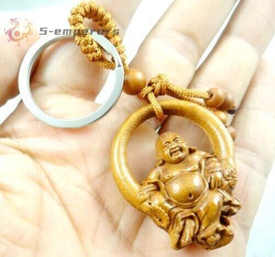 1pc Natural Mahogany Three Dimensional Engraving Buddha Wood Keychain Buddha