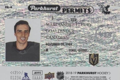 2018-19 Upper Deck Parkhurst - Marc-Andre Fleury #PA-6