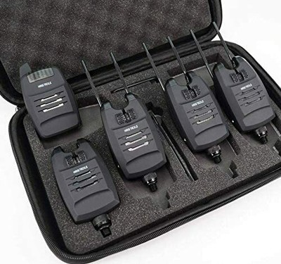 4 x Carp Fishing Bite Alarms & Receiver set, case, jacks, snag bars, LED's