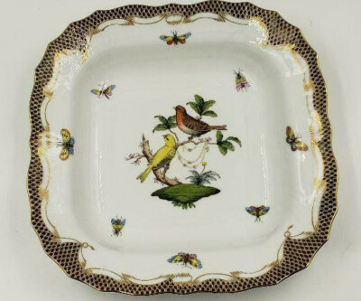 HEREND ROTHSCHILD BIRD W/ BROWN FISH SCALE SQUARE FRUIT DISH **BRAND NEW**01181