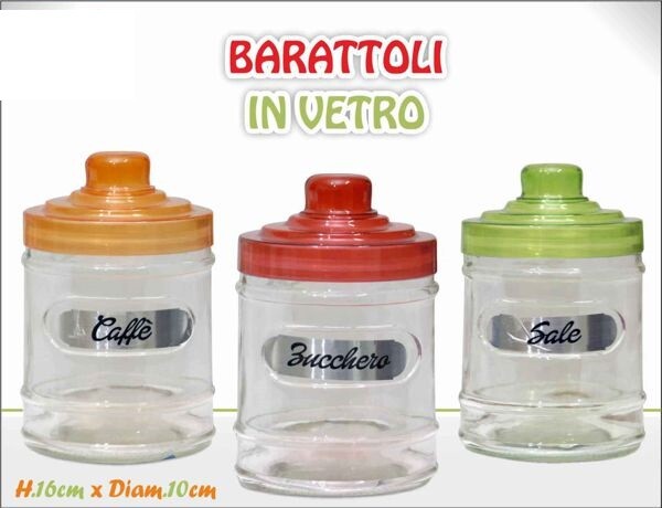Tris Barattoli 3 Contenitori Caffè Zucchero Sale Vetro Tappo Colorato dfh