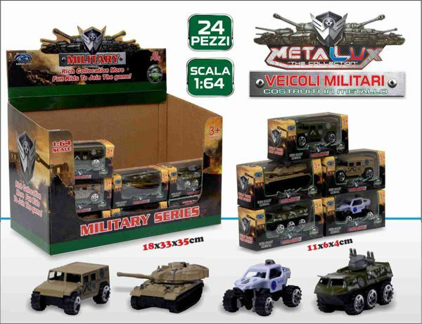 Espositore Set 24 Pezzi Veicoli Militari In Metallo Scala 1:64 Giocattolo sar