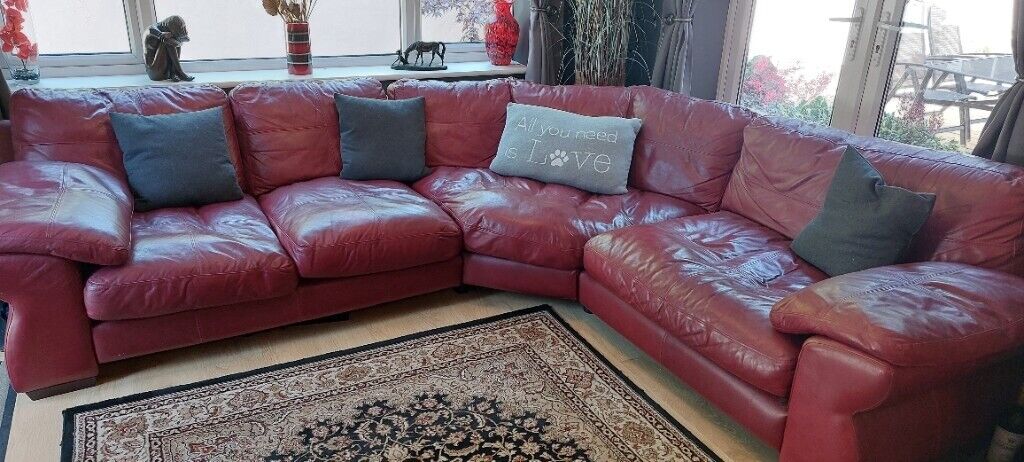 Deep Wine Red Soft Leather Corner Sofa, Red Wine On Brown Leather Sofa