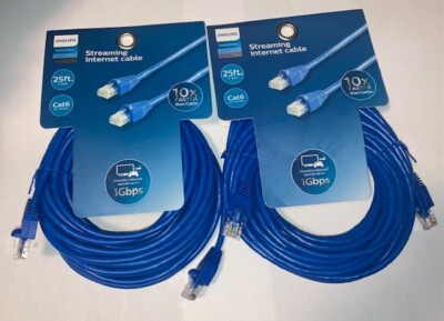 2-Pack Cat 6 Ethernet Cable 25 ft 1 Gbps 250 MHz High Speed Internet Philips NEW