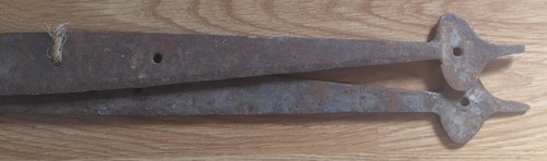 Antique Farm Barn Door Straps Bird Spade Hinges Wrought Iron Pair 30” Blacksmith