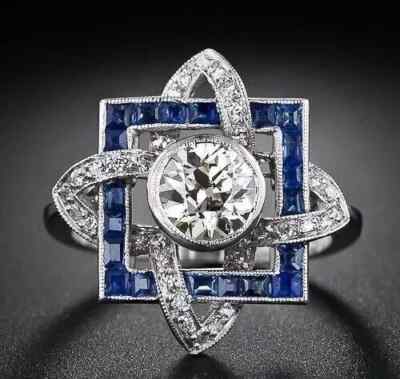 Art Deco Style Lab Created Diamond & Sapphire Wedding 14K White Gold Finish Ring