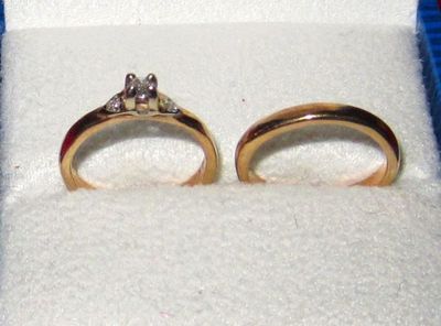 2 Charms 10 K Solid Yellow Gold Vintage Engagement Diamond Ring and Wedding Band