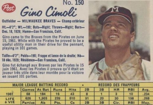 1962 Post Canadian - Gino Cimoli #150