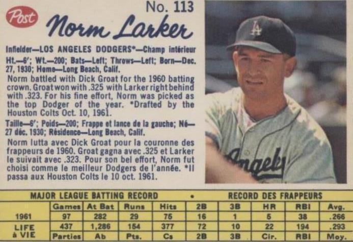 1962 Post Canadian - Norm Larker #113