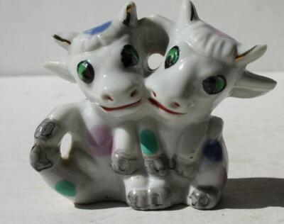 Cow Figurine Double Cow Cartoon Comic Style Green Eyes Ceramic Made in Japan VTG