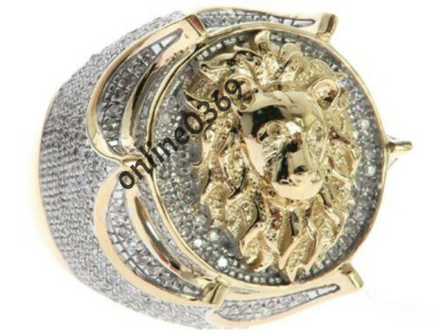 Pre-owned Online0369 3ct Natural Moissanite Men's Lion Charm Ring 14k Yellow Gold Plated Silver In White