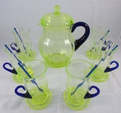 Rare Vintage Fenton Vasoline Topaz Stretch Water Set Cobalt Coasters Stirrers
