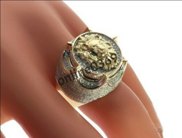 Pre-owned Online0369 3ct Natural Moissanite Men's Lion Charm Ring 14k Yellow Gold Plated Silver In White