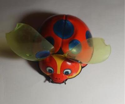 MECHANICAL WIND-UP LADY BUG TN NOMURA JAPAN WORKING 1950'S ORANGE BLACK YELLOW