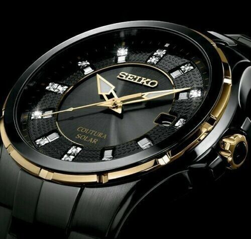 Pre-owned Seiko Men's Solar Coutura Diamond Black Pvd Steel Bracelet Watch Sne506