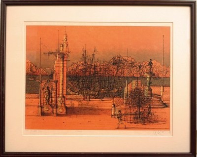 Jean Carzou "The Fleet," 1983 printed on Japanese paper Large-format lithograph