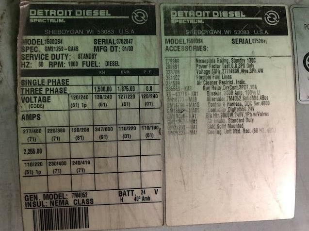 MTU Detroit Spectrum 1500 KW  Generator Set, VERY LOW HOURS, Price lowered $99K
