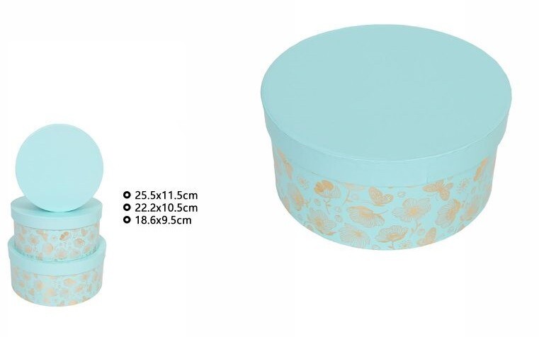 Set 3 Pezzi Scatole Box Regali Varie Misure Matrioska Tonde Celeste Fiori dfh