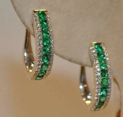 3Ct Round Lab Created Emerald Pretty Huggie Hoop Earrings 14k White Gold Plated