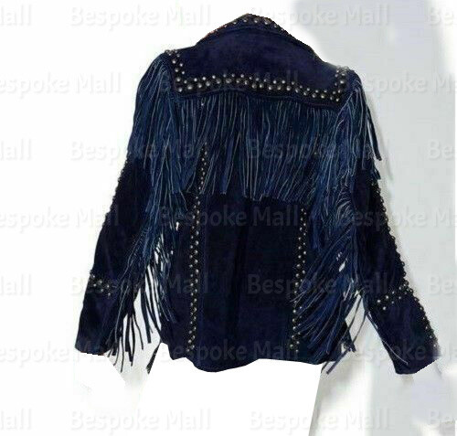 Pre-owned Handmade Women's Blue Western Studded Suede Leather Jacket Cowgirl Fringes Jacket-422