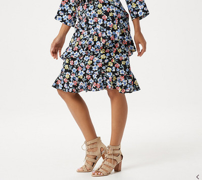 Linea by Louis Dell'Olio Printed Pull-On Ruffle Skirt-Black Multi-2X-NEW-A351415