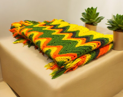 MCM Avocado Green Crochet Chevron Zig Zag Orange Yellow Chair Throw Blanket 48''