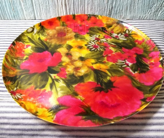 Vintage Fiberglass Floral Round Serving Tray 1960s 1970s Serving Platter