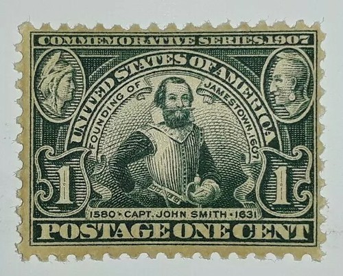 Travelstamps: 1907 US Stamps Scott #328 Capt. John Smith, mint original gum, Mnh
