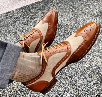 NEW Handmade Men s Two Tone Wingtip Brown Leather Beige Suede Shoes For Men