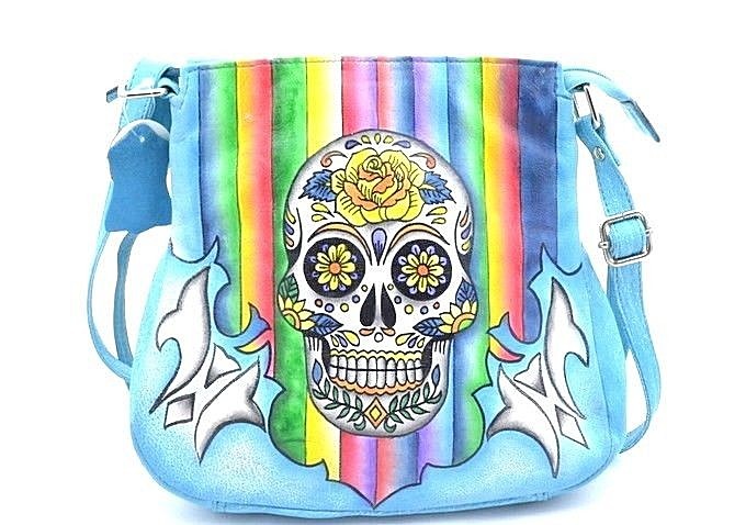 Women's Fashion Sugar Skull Rainbow High Quality Leather Cross Body Bag Ladies