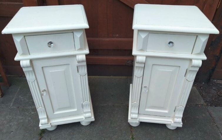 Pair Of Tall Bedside Tables Handpainted White Shabby Chic Solid