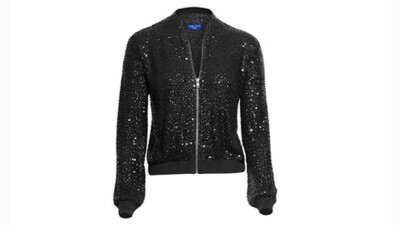 JIMMY CHOO x H & M BLACK SEQUINED  COTTON CASHMERE ZIPPED BOMBER JACKET-L