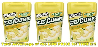 THREE 40341 Ice Breakers Ice Cubes Cool Lemon Sugar Free Gum 40 Pieces Each