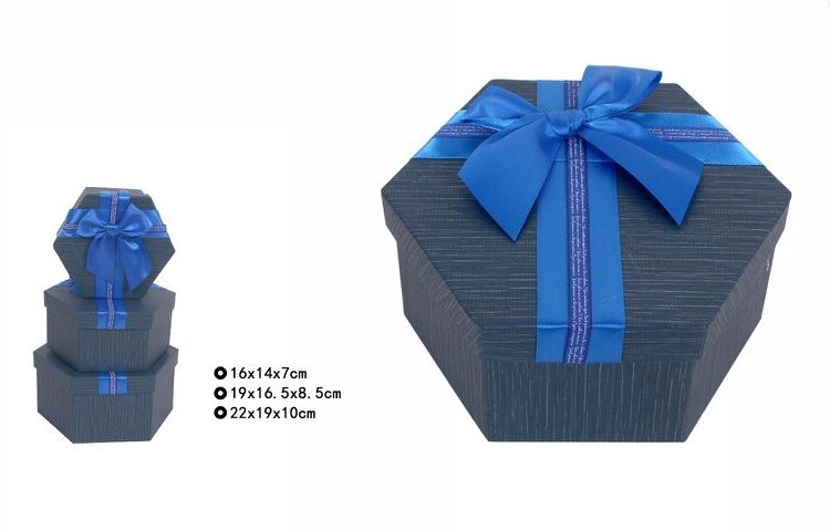 Set 3 Pezzi Scatole Box Per Regali Varie Misure Esagonali Blu Con Fiocco dfh