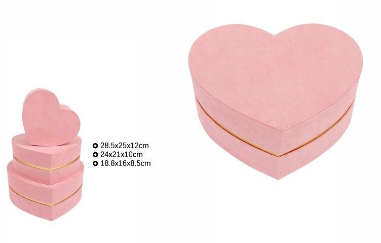Set 3 Pezzi Scatole Box Per Regali Varie Misure Matrioska Cuore Velluto Rosa dfh