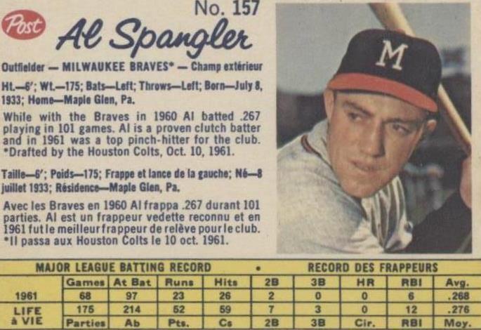1962 Post Canadian - Al Spangler #157