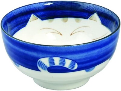 Porcelain Rice Soup 5 inch Bowl Made in Japan Blue Cat Maneki Neko Pattern 2471