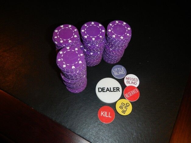 100 PURPLE 11.5 gram Suited Poker Chips + Dealer Button Set