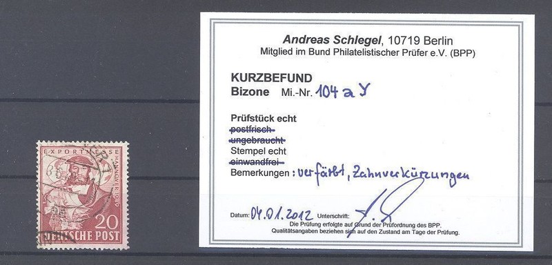 Bizone Michel Nummer 104y, Exportmesse 1949 Gestempelt, Befund Bpp (7967)
